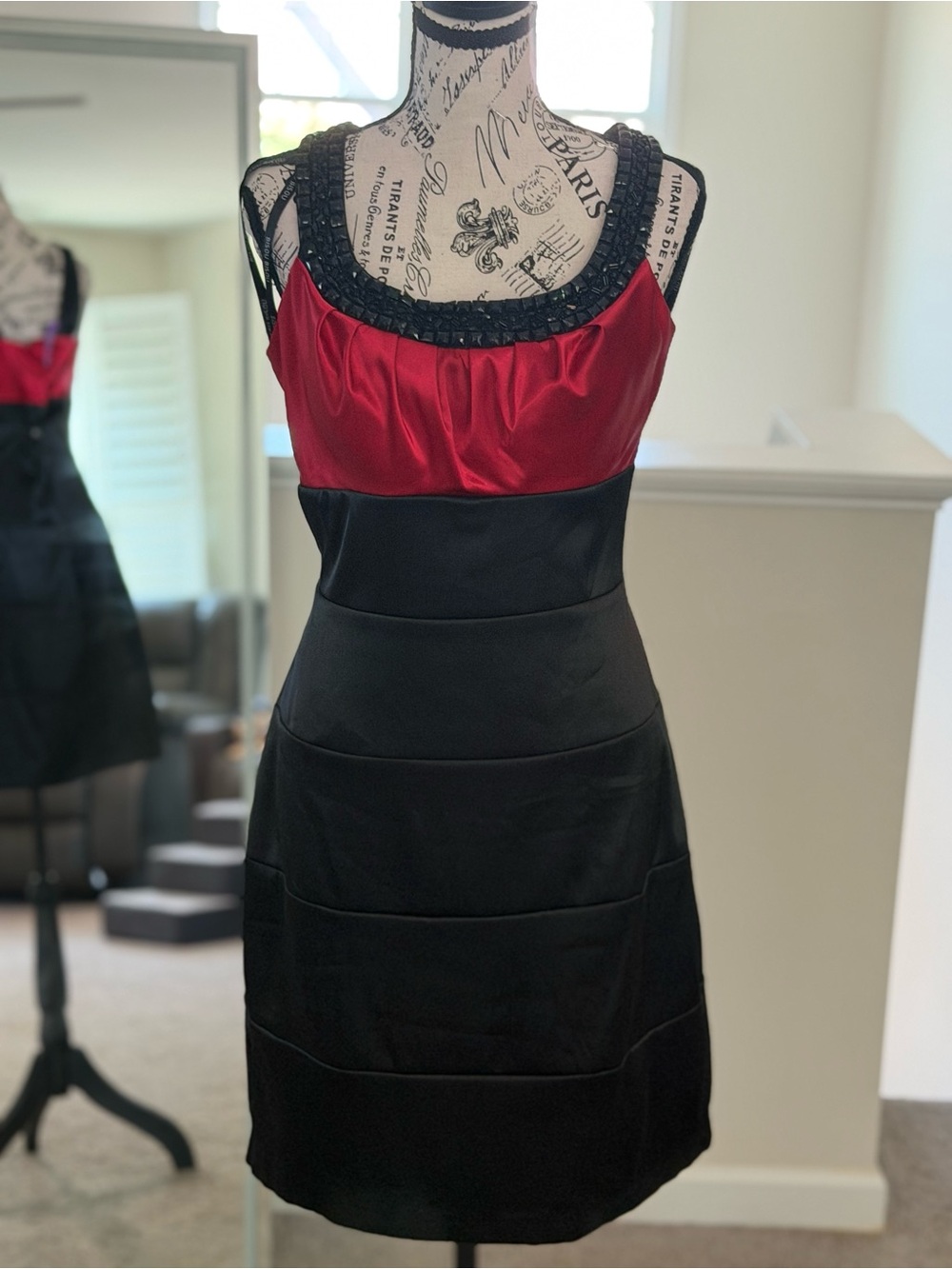 Bisou Bisou Black and Red Sleeveless Beaded Yoke Mini Dress
